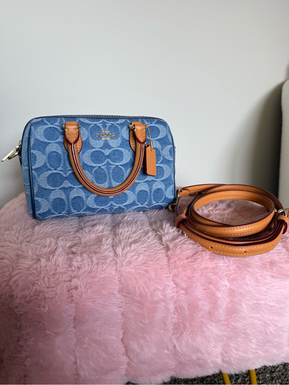 Coach Mini Denim Rowan Signature Satchel in Light Blue and Tan - Picture 6 of 9